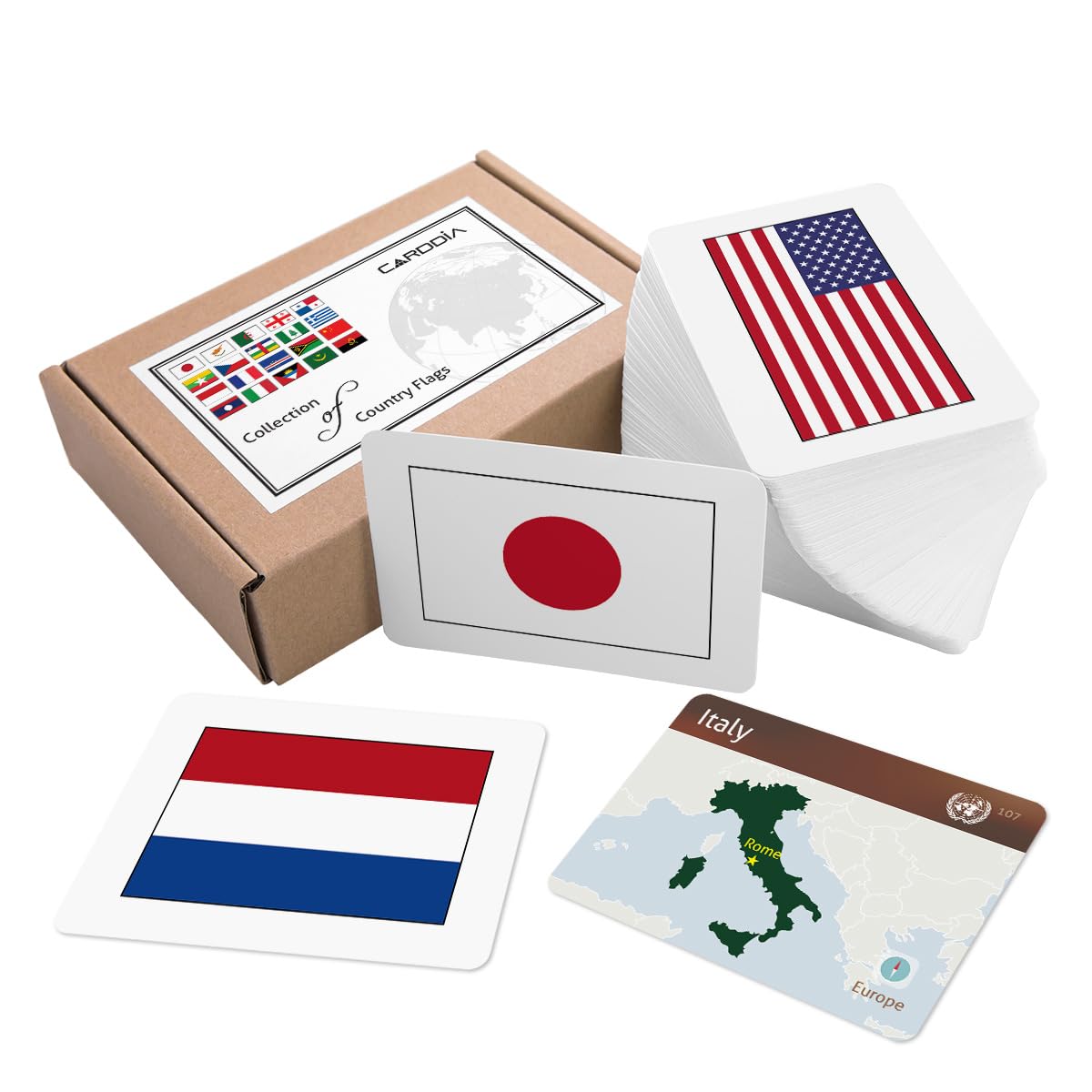 CARDDIA | Collection of Country Flags Educational Flashcards | 242 Flags with Country Names, Territory Shapes, Capitals & Continents | Durable & Portable | Perfect for Geography Gifts