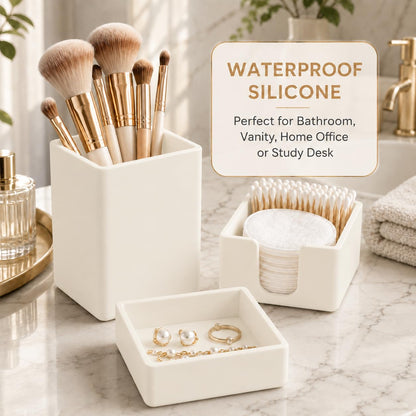 minimaliving Aesthetic Silicone Desk Organizer Set of 3,Modern Office Desk Accessories with Pen Holder,Paperclip Tray,Sticky Note Holder,Stylish Functional Office Desk Decor for Back-to-school(Beige)