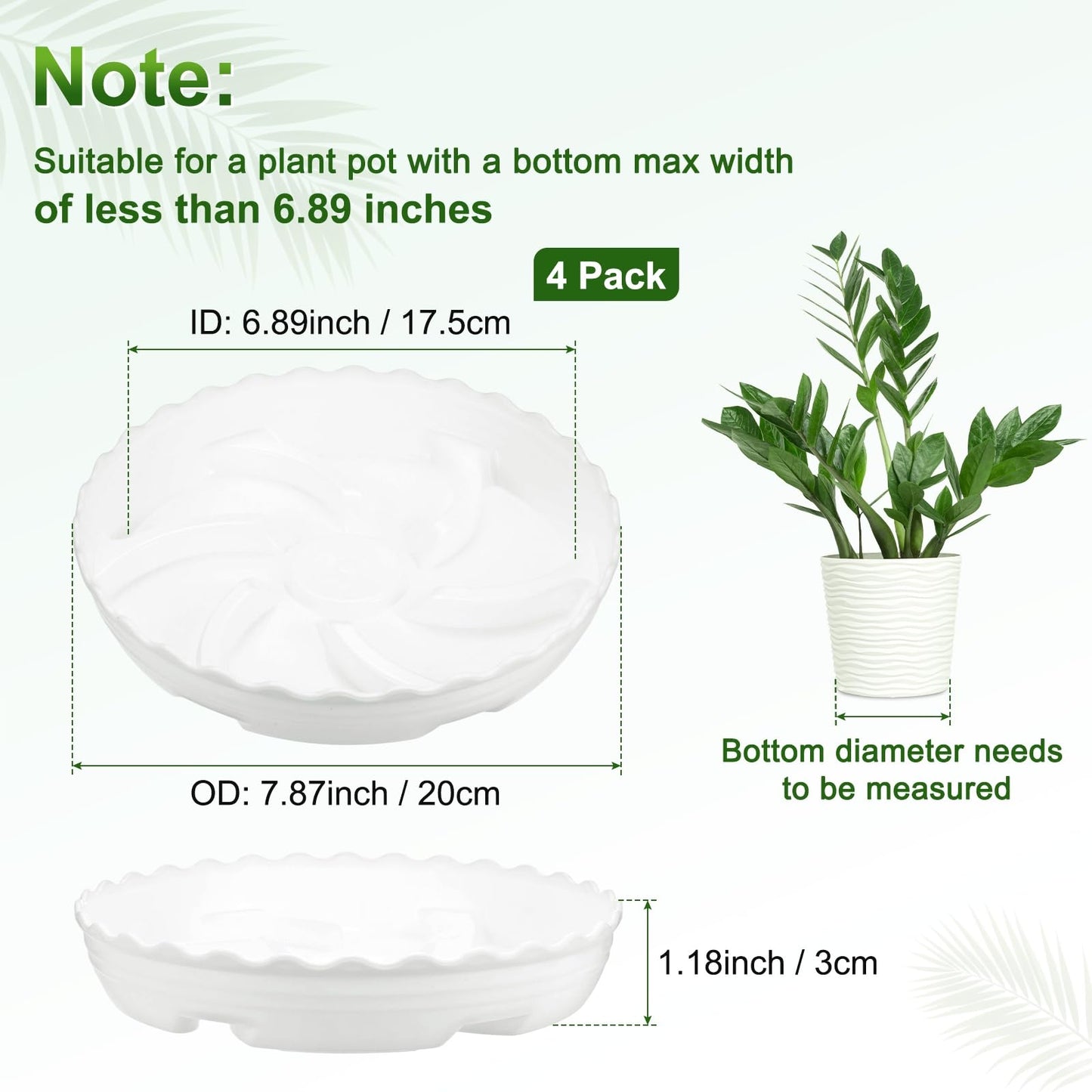M METERXITY 4-Pack Plant Saucer, 6.9 Inch/17.5 cm Plastic Plant Trays Thicker for Pots/Indoor/Outdoor/Water Drainage and Protection, Flowerpot Drip Tray [White]