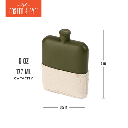 Foster & Rye Flask Whiskey Men-Stainless Steel Alcohol Matte Army Green with Canvas Wrap-6oz Set of 1, 6oz