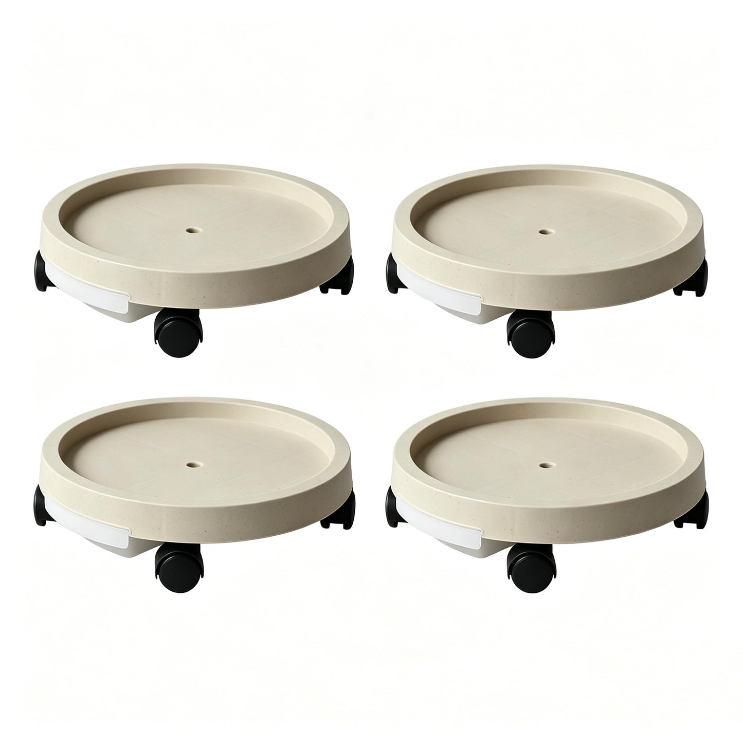 SOLEISLAND 11 Inch Round Plant Caddy 4 Pack, Flower Pot Rolling Tray with Lockable Wheels & Drawer Drainage Reservoir, Heavy Duty Garden Plant Stand, Light Beige