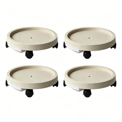 SOLEISLAND 11 Inch Round Plant Caddy 4 Pack, Flower Pot Rolling Tray with Lockable Wheels & Drawer Drainage Reservoir, Heavy Duty Garden Plant Stand, Light Beige