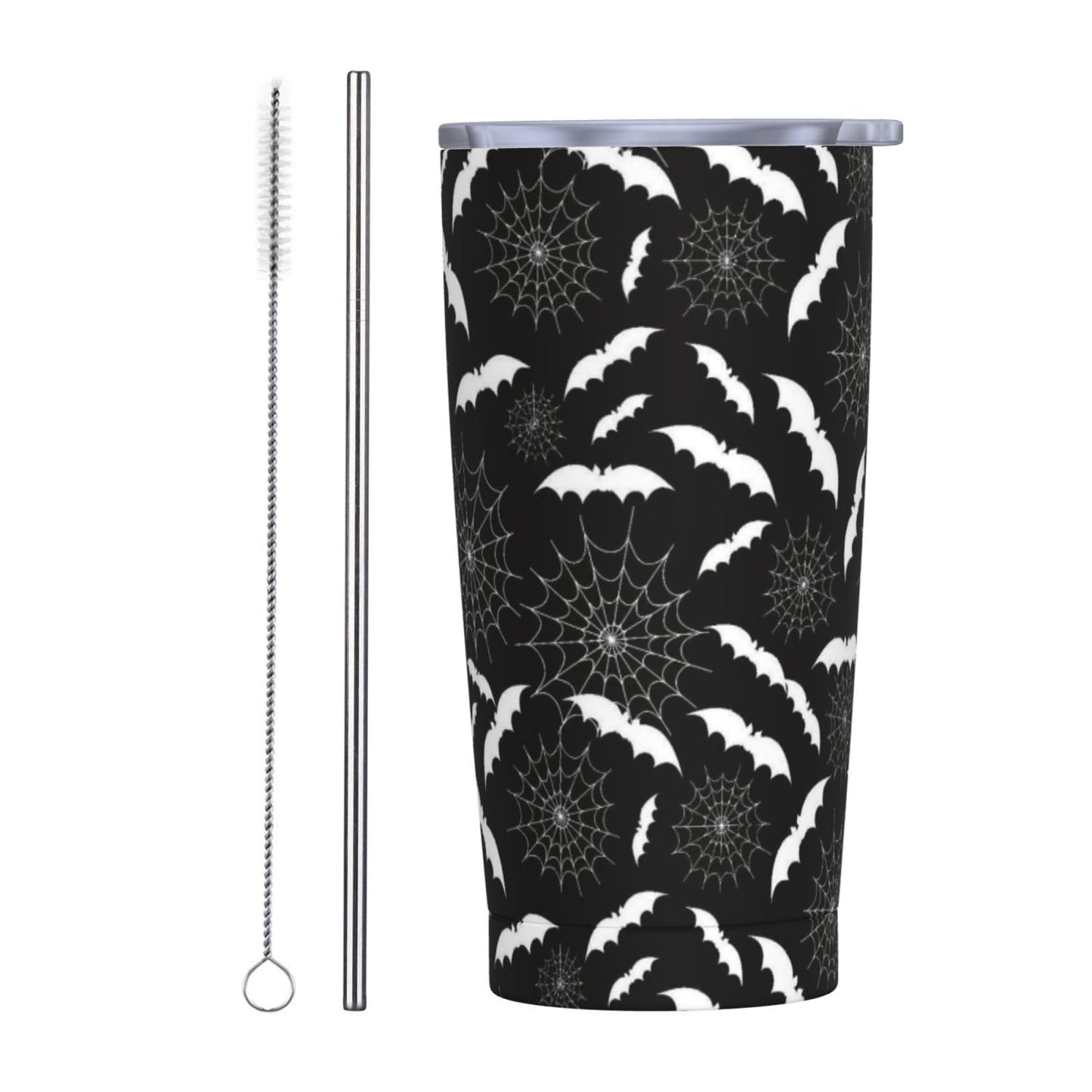 YIKISSKID Halloween Bats 20oz Tumbler with Lid and Straw for Women Men, Halloween Spider Web Insulated Mug White Bat Spider Web Stainless Steel Tumbler Double Wall Vacuum Travel Mug Coffee Cup
