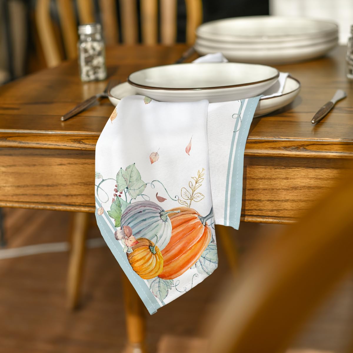 Horaldaily Fall Cloth Napkins 18 x 18 Inch, Thanksgiving Autumn Harvest Orange Blue Pumpkin Leaves Party Dinner Decoration Washable Napkins Set of 6