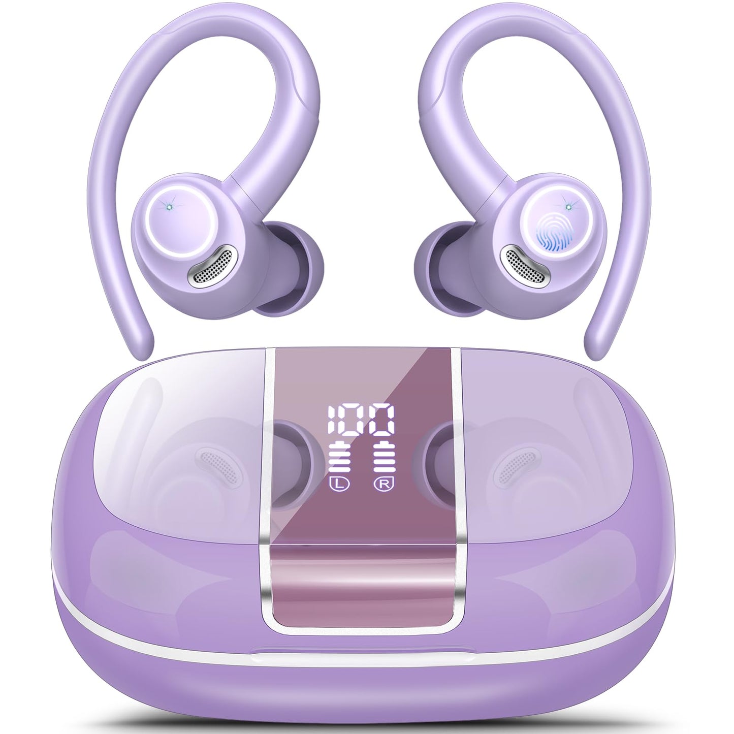 Wireless Earbuds Bluetooth 5.3 Headphones Sports, 48H Over Ear Buds with ENC Mic, Stereo Deep Bass Bluetooth Earbuds with Secure Earhooks, LED Display, IPX7 Waterproof Earphone for Running/Gym Purple