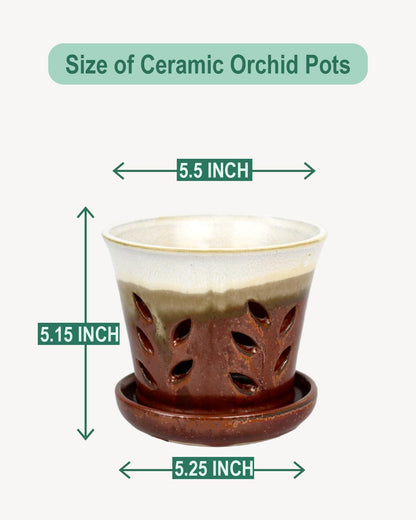 vensovo 5.5 Inch Ceramic Orchid Pot - Orchid Pot with Holes for Repotting, Ceramic Planter with Saucer for Indoor/Outdoor Plants, Brown
