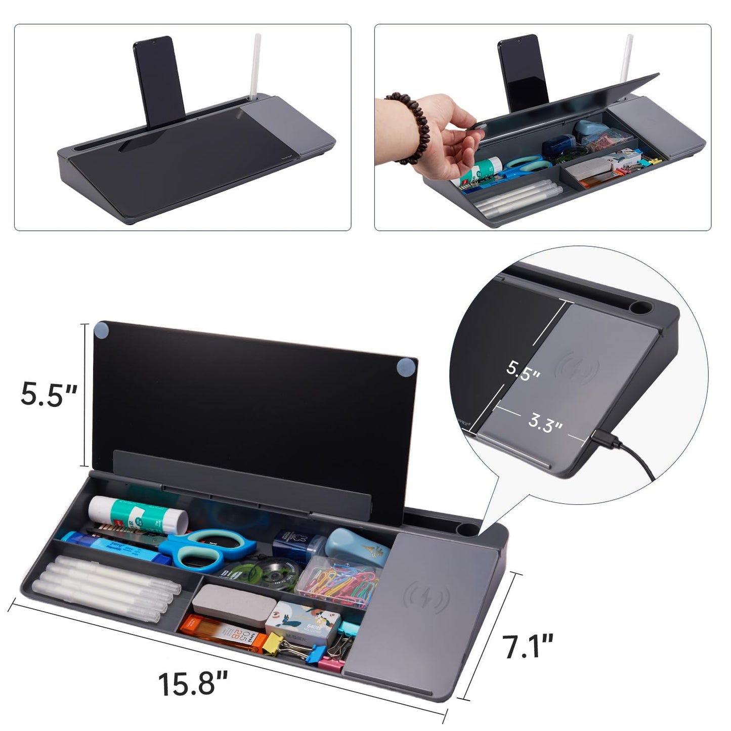 Small Glass Desktop Whiteboard Dry-Erase-Board - Computer Keyboard Stand with Wireless Charger White Board Surface Pad with Drawer, Desk Organizers with Accessories for Office, Home, School Supplies