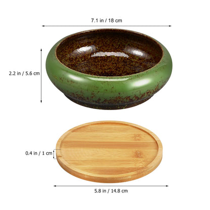 NOLITOY 7 Inch Ceramic Succulent Planter Bowl with Drainage Hole and Tray, Green Round Shallow Flower Pot for Indoor Cactus Arrangements and Office Desk Decor