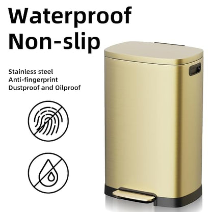KdbK 13 Gallon Trash Can with Lid, 50L Fingerprint Proof Stainless Steel Kitchen Trash Can with Removable Inner Bucket and Lid Soft Close, Pedal Rubbish Bin for Home Office, Gold