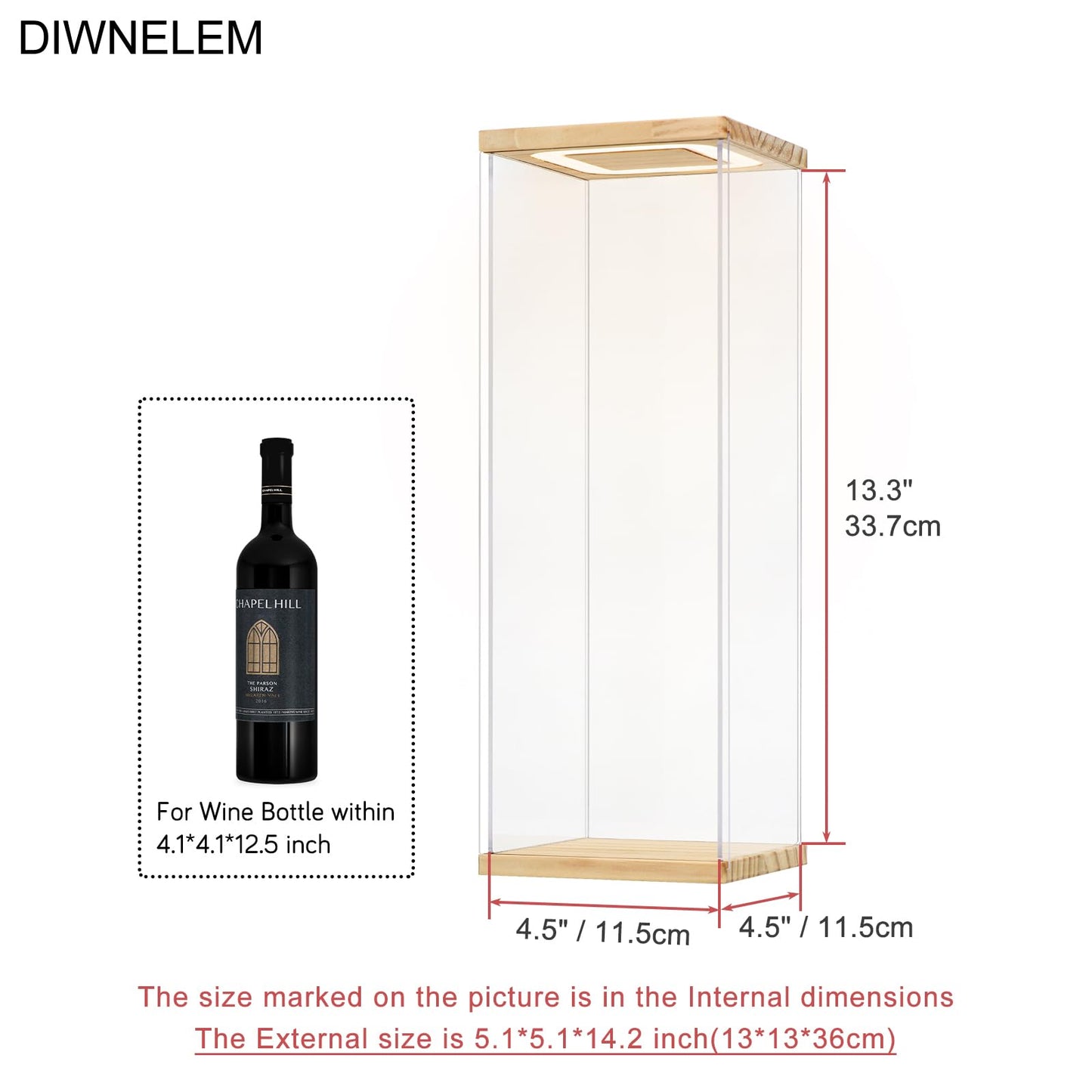 DIWNELEM Wood Acrylic Wine Bottle Display Case with LED Light Acrylic Wine Glass Holder Wine Display Case Dustproof for Red Wine,Champagne,Liquor,Whiskey,Beer,Beverage Bottle (5.1*5.1*14.2")