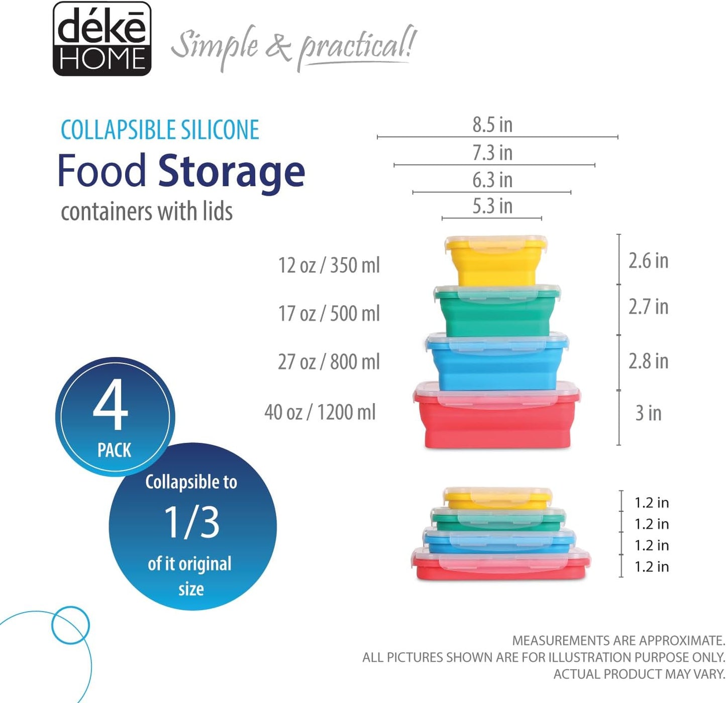 Deke Home - Collapsible Silicone Food Storage Containers with Lids, Set of 4, BPA-Free, Airtight, Space-Saving Meal Prep & Lunch Box, Microwavable, Freezer & Dishwasher Safe, Camping & Travel