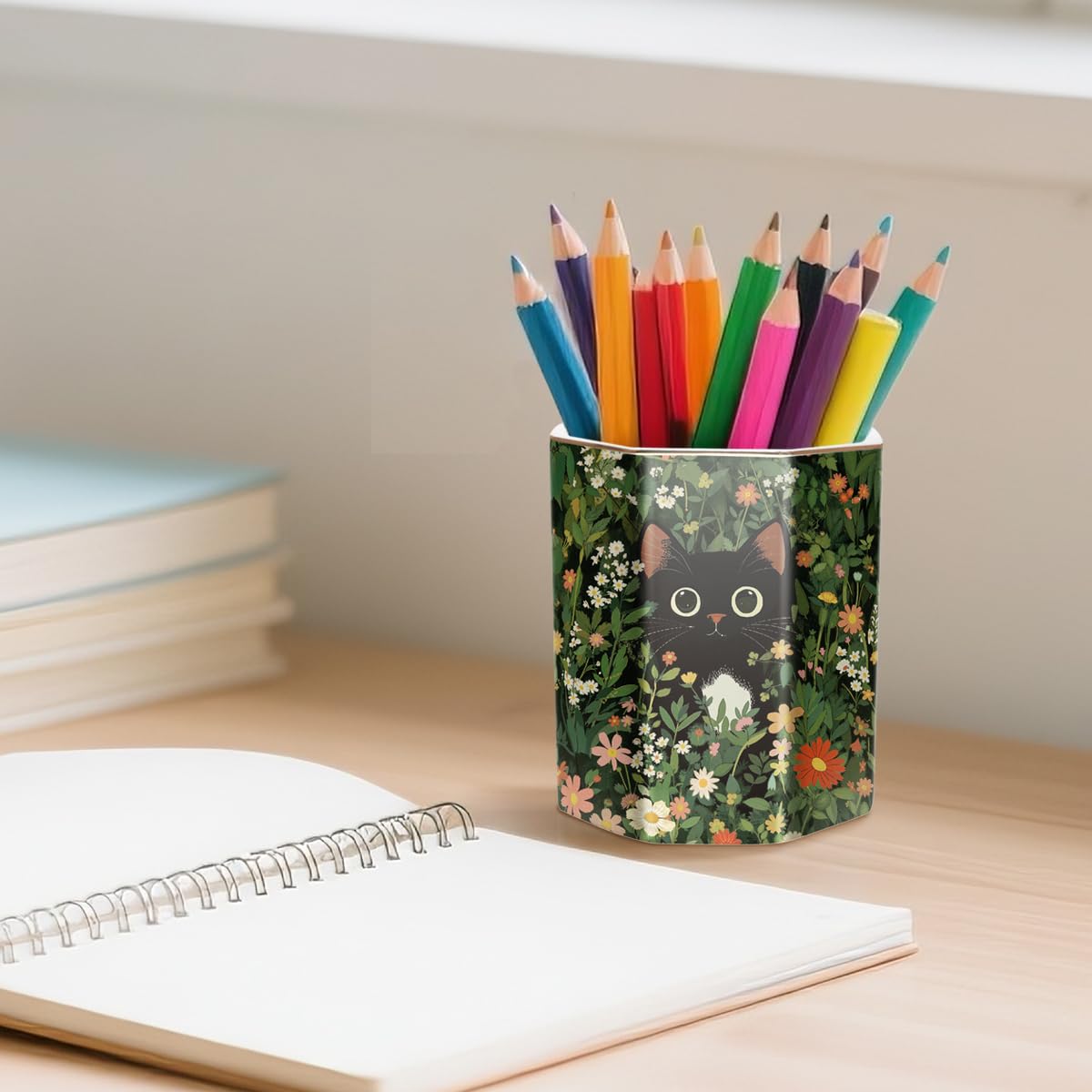 WAVEYU Pen Holder, Pencil Cup for Desk, Cute Desk Organizer, Durable Ceramic Decorative Makeup Brush Desktop Accessories, Stylish Stationery for Office, Home, Cute Cat Pattern