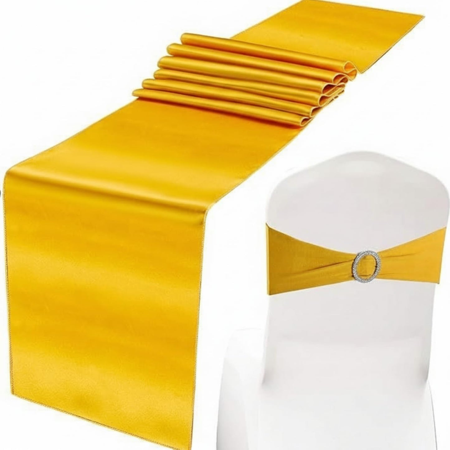 Hosuly 25 Pcs Gold Chair Sashes Bow with 10 Pcs Satin Table Runner Spandex Chair Sashes with Buckle Slider Satin Silk Runner for Wedding Ceremony Banquet Hotel Party Rectangle Round Table Decor
