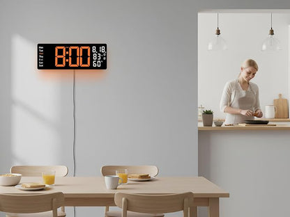 17.5 Inch Orange LED Digital Wall Clock with 8 Ambient Light Colors｜Displays Time,Date,Day,Temperature&Humidity,Dual Alarms,Countdown&Stopwatch,DST,10-Level Auto/Manual Brightness｜Modern Silent Clock