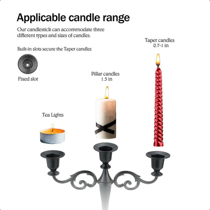 Viscacha 3 Candle Metal Candelabra Candlesticks Holder for Formal Events, Wedding, Church, Holiday Décor, Halloween Taper Candle Holder Stand Centerpiece Elegant Decoration Piece for Table, Black