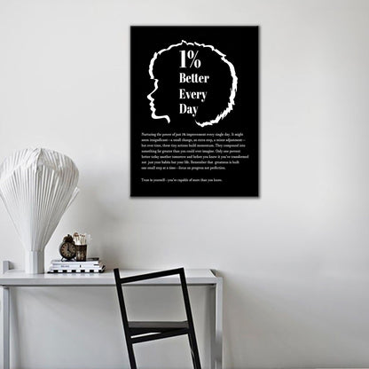DINGFUN Inspirational Posters for Office 1 Percent Better Every Day Canvas Wall Art, Black White Quote Single Panel Wall Decor for Home Office Dorm Classroom 24x18 Inch