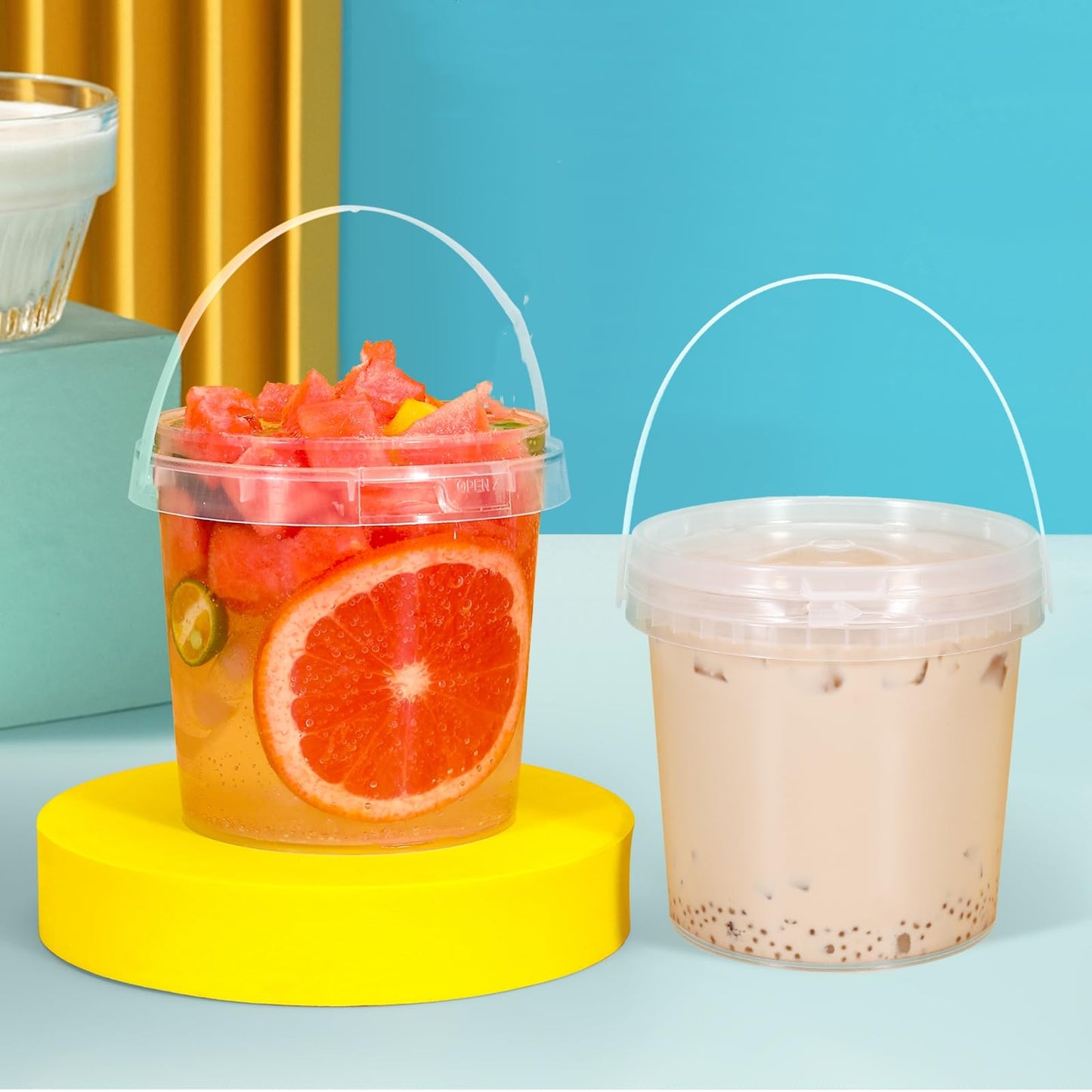 ToppYuanZea 24 Pack Ice Cream Bucket with Lids and Handles, 25OZ/ 33OZ Clear Plastic Rum Bucket Cocktail Drinks Containers, Plastic Food Storage Pail Tub for Summer Cold Drink Beach Parties