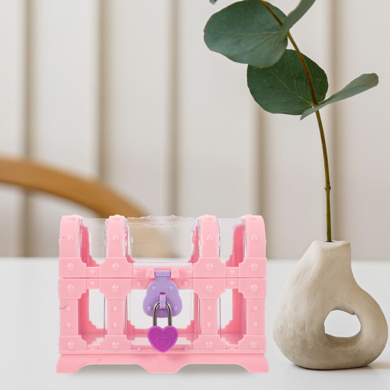 Pirate Treasure Chest, Pink Plastic Jewelry Princess Box Clear Treasure Box with Lock Girls Souvenir Storage Organizer Small Favor Display Container for Girl Boys Keepsake Trinket Gemstone (5.3×4")