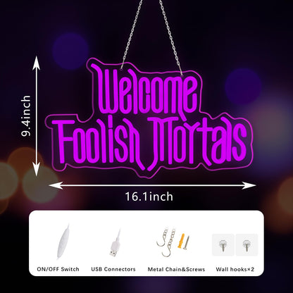 Halloween Welcome Foolish Mortals Neon Sign, Dimmable Gothic Haunted Coffin Halloween Decoration, USB Powered Neon Light, Wall Decor for Home, Bar & Party (Comes with Hooks, Nails and Adhesive Hooks)