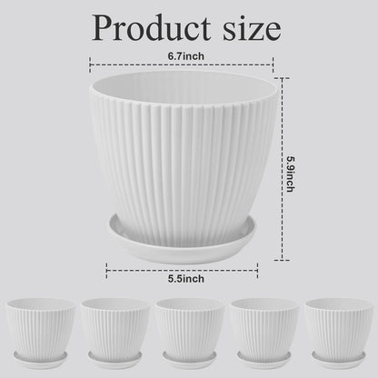 MUXINCAMP 7 Inch Large Plant Pots, 6 Pack Flower Pots with Drainage Hole and Tray Saucer Plastic Plant Pot for Outdoor Indoor House Plants and Flowers Herbs (White)