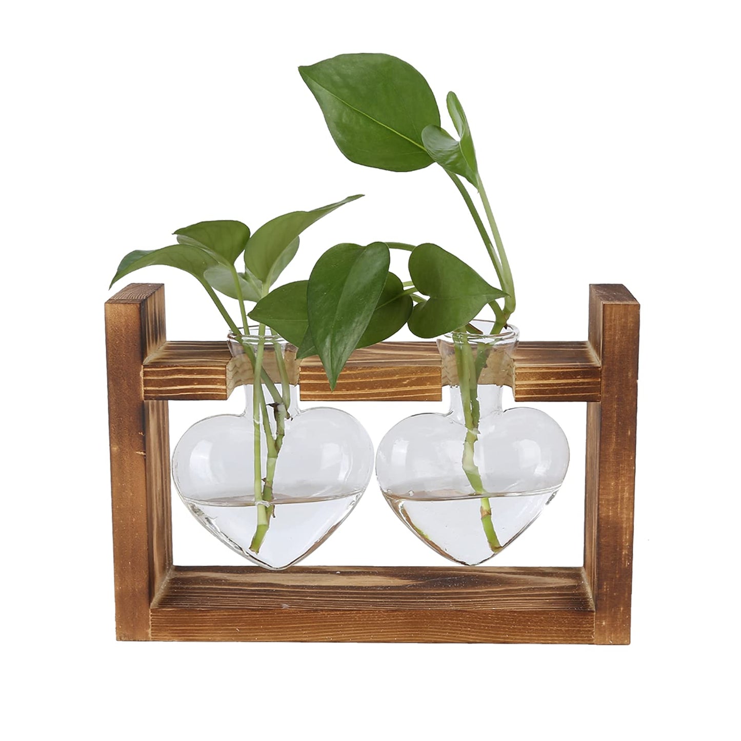 Heart Shaped Glass Hydroponic Vase with Retro Wooden Stand, Plant Propagation Stations with Wooden Stand, Desktop Plant Terrarium for Home Office Desk Decor (Retro Frame + 2 Heart Bottles)