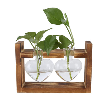 Heart Shaped Glass Hydroponic Vase with Retro Wooden Stand, Plant Propagation Stations with Wooden Stand, Desktop Plant Terrarium for Home Office Desk Decor (Retro Frame + 2 Heart Bottles)