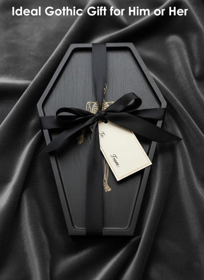 15.7" Solid Wood Coffin Charcuterie Boards with Skeleton Engraving, Halloween Serving Dish Tray, Gothic Cheese Board for Food Fruits Snack, Goth Kitchen Accessories