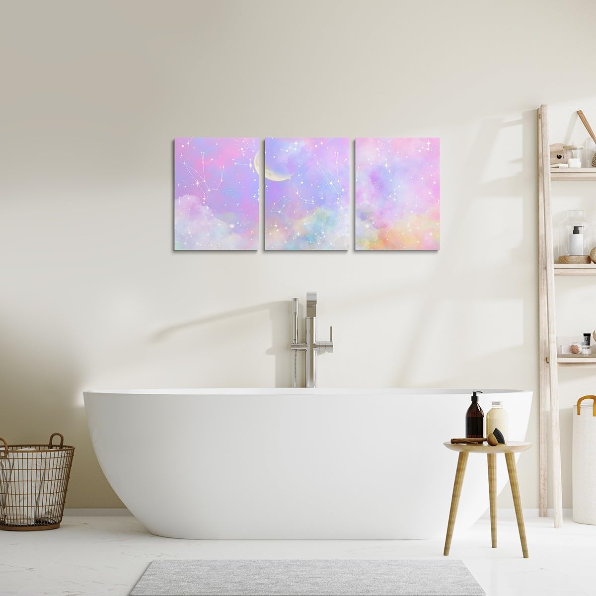 Feelyou Purple Pink Galaxy 3 Piece Canvas Wall Art for Living Room Bedroom Moon Star Wall Art for Home Decor Solar System Office Wall Decor Cloud Galaxy Wall Painting