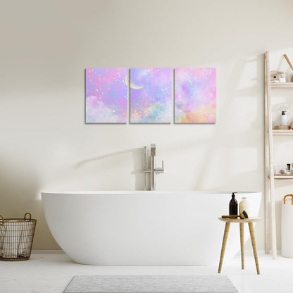Feelyou Purple Pink Galaxy 3 Piece Canvas Wall Art for Living Room Bedroom Moon Star Wall Art for Home Decor Solar System Office Wall Decor Cloud Galaxy Wall Painting