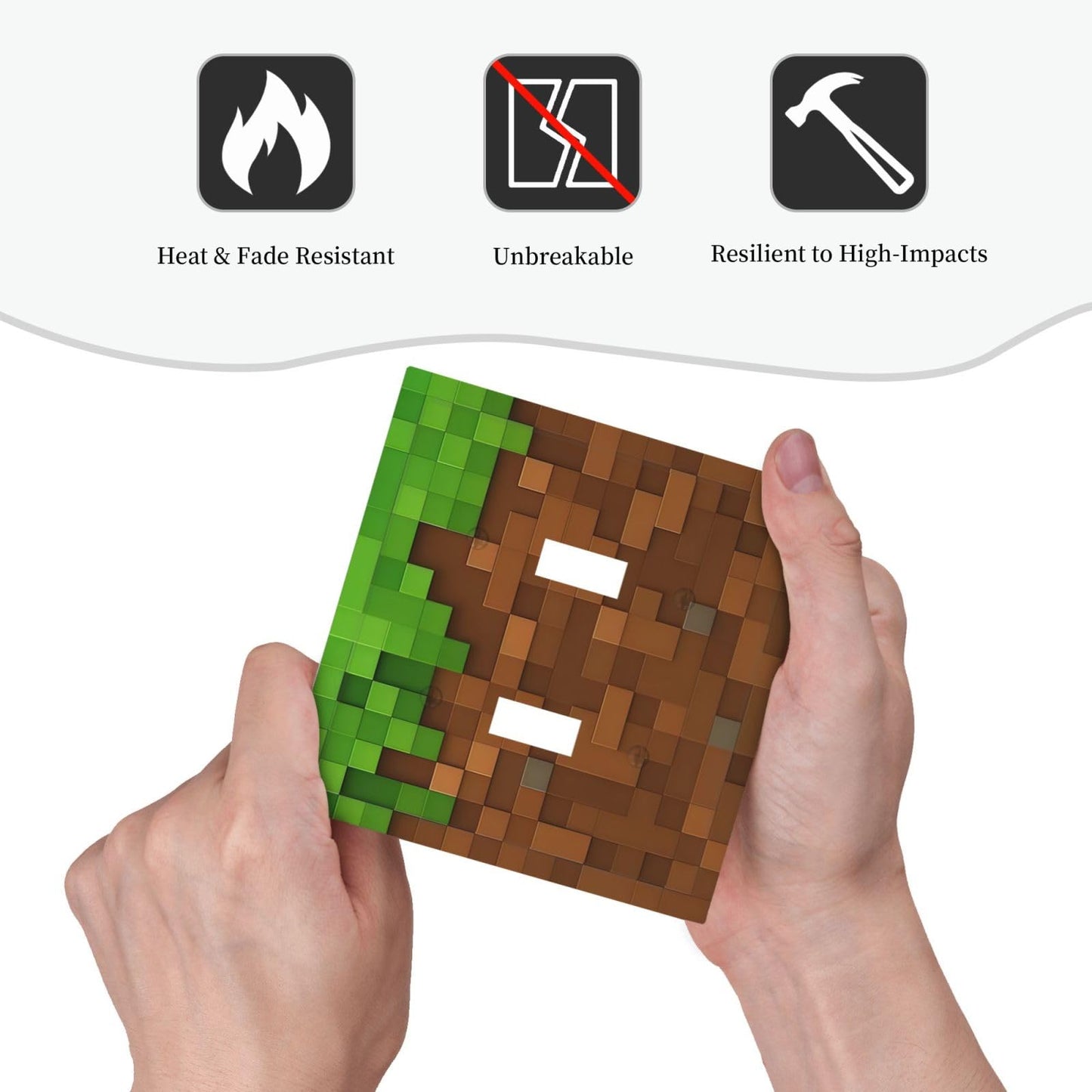 Pixel Style Gamer Themed Grass Block Decorative Switch Plates 2 Gang Double Toggle Outlet Light Switch Cover Wall Plate Electrical Faceplate for Kids Room Office Home Decor