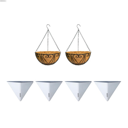 LaLaGreen Bundle- 4 Pack, 12 Inch White Geometric Self Watering Pot + 2 Pack,12 Inch Metal Wire Hanging Basket with Coco Liner Flower Plant Holder Hanger Balcony Patio Deck Modern Stylish Garden Decor