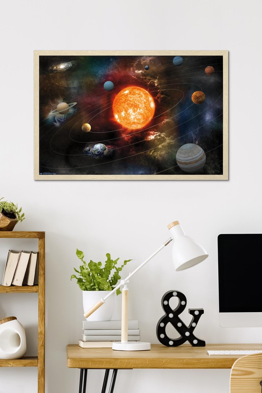 Orbiting Solar System Wall Poster, 34L" x 22.4W", Blonde Framed Version