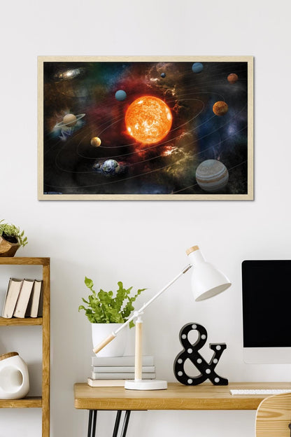 Orbiting Solar System Wall Poster, 34L" x 22.4W", Blonde Framed Version