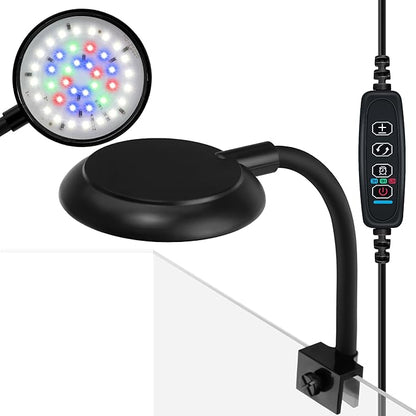 DaToo Mini Clip On Aquarium Light 7W Dimmable Small Fish Tank Light USB Moving Lamp with White Red Blue Green LED for 1 to 3 Gallon Tanks (with Timer)