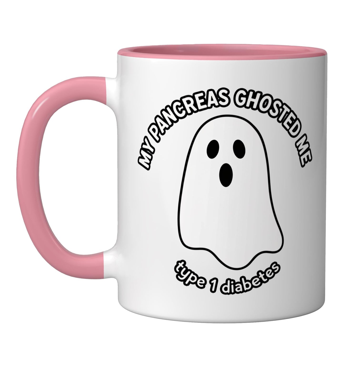 Halloween Type 1 Diabetes Ghost MY PANCREAS GHOSTED ME - T1D Ceramic Mug, Pink/White