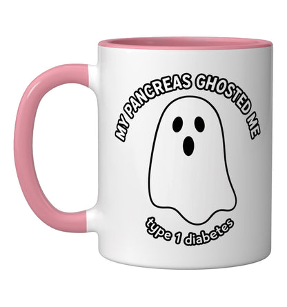 Halloween Type 1 Diabetes Ghost MY PANCREAS GHOSTED ME - T1D Ceramic Mug, Pink/White