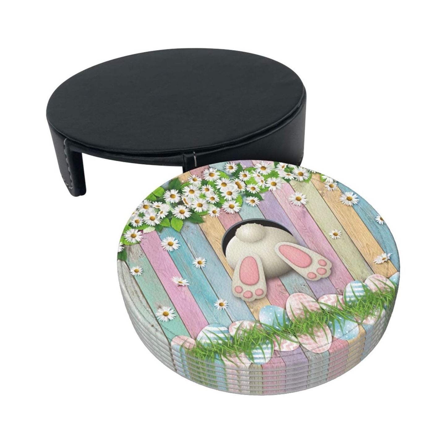 6 Pack Cute Easter Eggs Bunny Coasters for Drinks with Holder, Leather Coasters for Kitchen,Coffee Decor