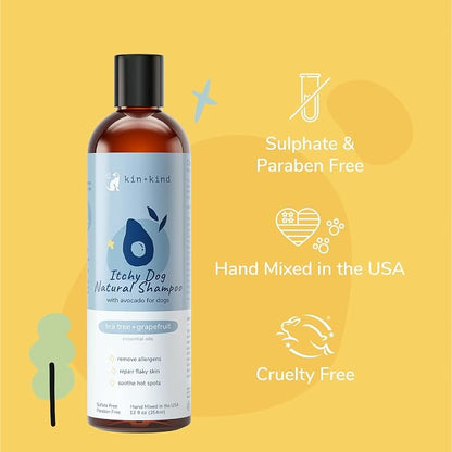 kin+kind Itchy Dog Natural Dog Shampoo - Gentle Clean for Itchy Skin - Avocado Oil - Tea Tree & Grapefruit Fragrance - 12 fl oz