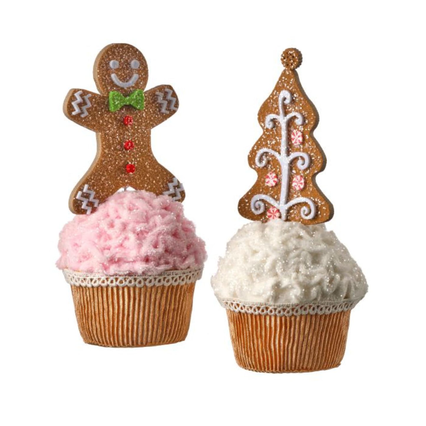 One Holiday Way 8-Inch Set of 2 Fabric Cupcake Decorations w/Gingerbread Man & Christmas Tree - Baking Figurines Xmas Tabletop Mantel Shelf Decor
