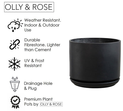 Olly & Rose Large Matt Black Plant Pot 14 Inch Extra Large Fibre Planter with Saucer - Large Indoor and Outdoor Plant Pot