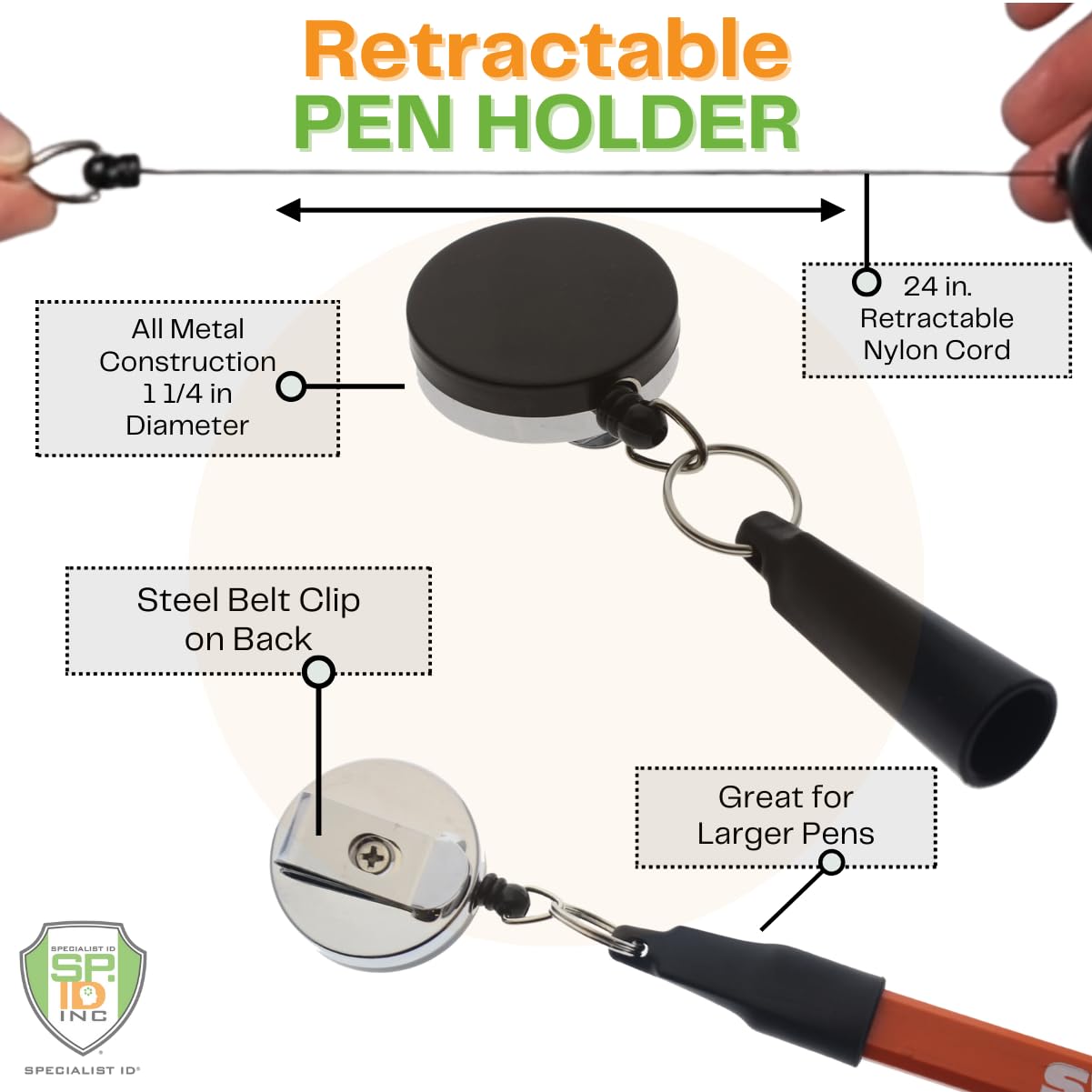 2 Pack - Heavy Duty Retractable Pull Pen Holder - Ideal for Markers & Carpenter Pencils - Nylon Cable, Self Retracting Reel & Tight Metal Belt Clip Retractable Carpenter Pencil Holder by Reel-N-Rite