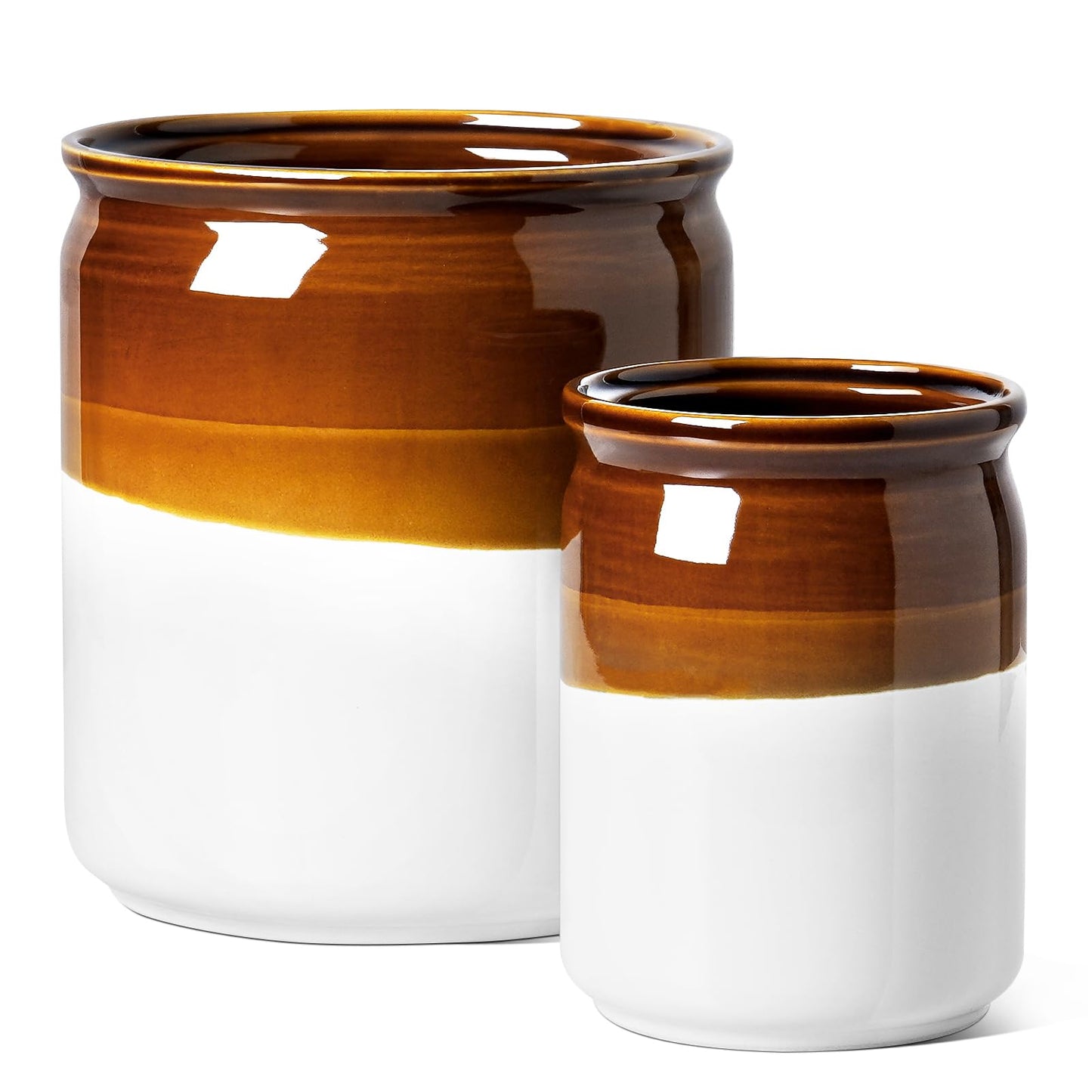 LE TAUCI Kitchen Utensil Holder for Countertop, Ceramic Utensil Crock Set of 2, Rustic Brown Holder for Spatulas, Spoons and Ladles, Large Farmhouse Kitchen Counter Decor, Brown and White, 7.2" & 5.4"