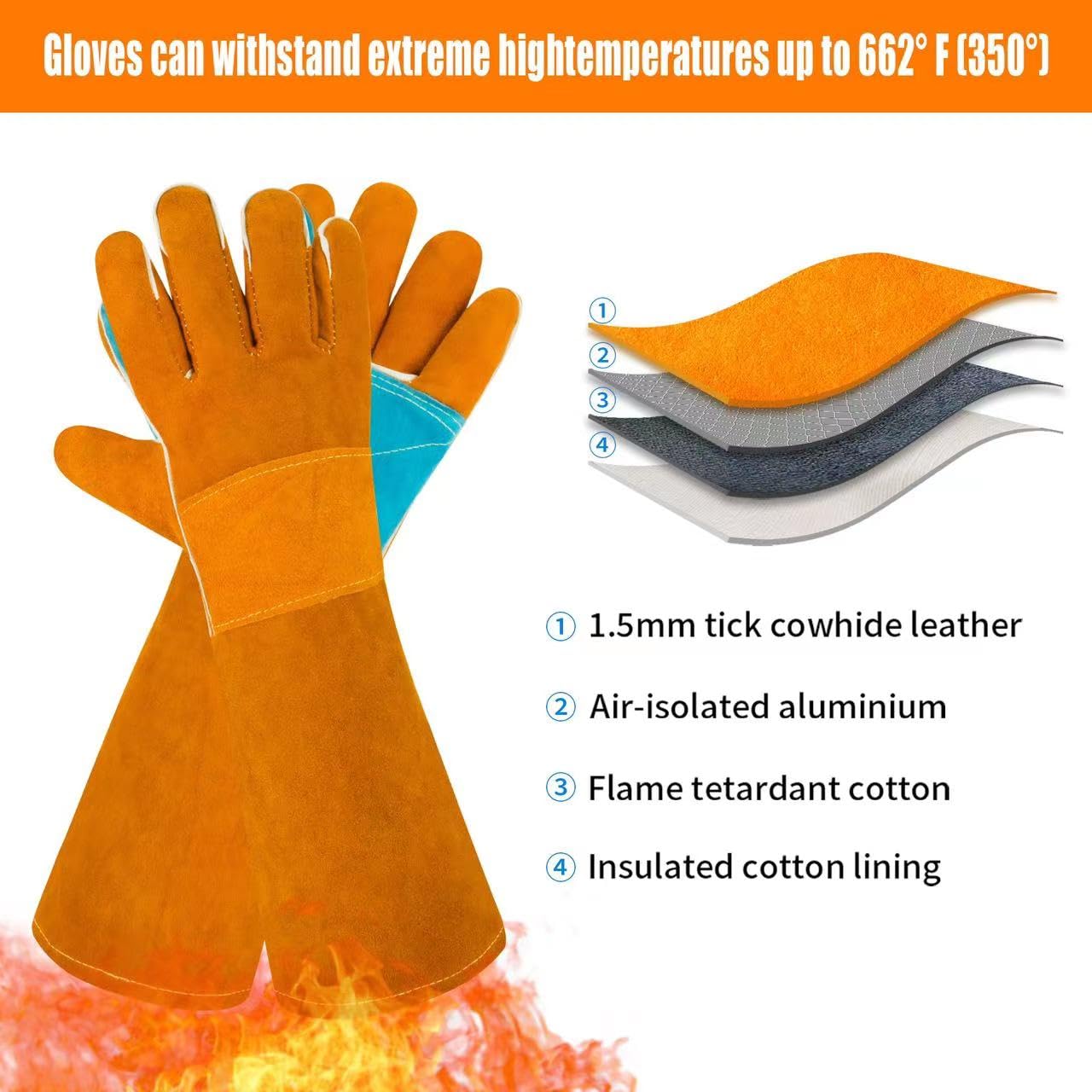 MOUTCLMB Animal Handling Gloves Bite Proof,17.7 Inches Welding Gloves,Double Leather Reinforced Padding Dog,Pet Gloves for Cat Dog Bird Falconry Snake