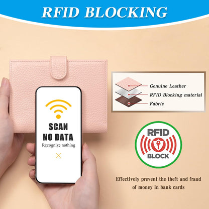 FREYAMIRA Passport Holder for Travel Women RFID Blocking Genuine Leather Passport Wallet with Card Slots, Zipper Coins Pocket, Cash Holder, Pink