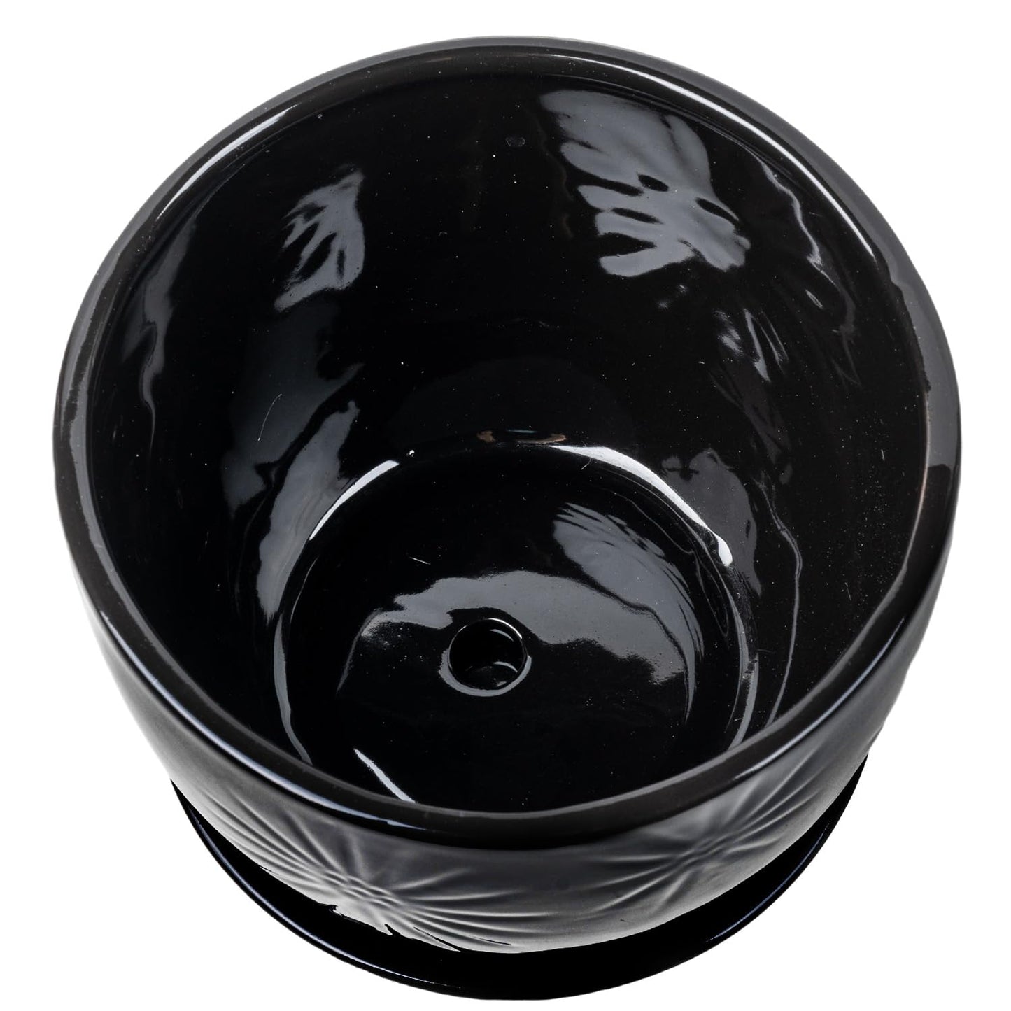 MyGift 7 Inch Glossy Black Ceramic Plant Pot with Drainage Hole and Attached Saucer, Modern Decorative Embossed Sunburst Planter Container for Indoor Home Garden