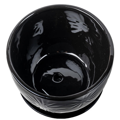 MyGift 7 Inch Glossy Black Ceramic Plant Pot with Drainage Hole and Attached Saucer, Modern Decorative Embossed Sunburst Planter Container for Indoor Home Garden