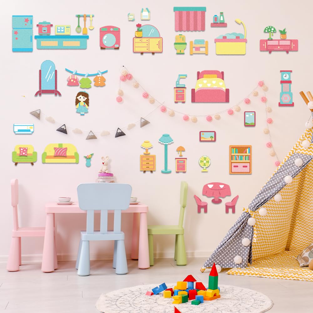 BEUNITONE Home Felt Story Board 51 Pcs Home Furniture Felt Story Pieces for Birthday Gifts Wall Hanging Decoration