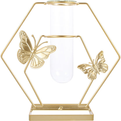 OSALADI Metal Framed Glass Plant Terrarium Vase with Butterfly Pattern, Hexagonal Decorative Flower Holder for Desktop Home Décor and Tabletop Display