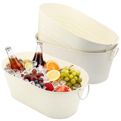 GENHAKON 3 PCS 15.3 x 9 x 6 inch White Metal Galvanized Tub with Handles, 3 Gallon Large Beverage Tubs for Wine, Cocktails, Parties, Outdoor Beer Ice Tub