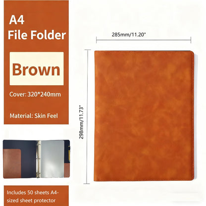 wionsnowy Vintage Hardback 3 Ring Binder Professional Leather Binder Organizer Round Rings Holds 200 Sheets with 2 Inner Pockets(1.5 Inch,Brown, Black) (Brown)